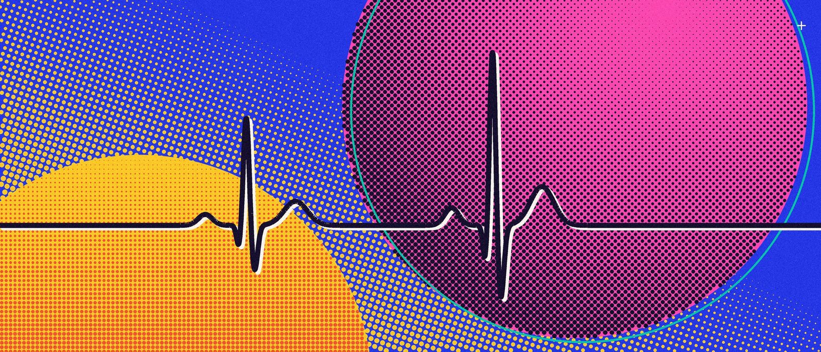 Pop-Art-Grafik: eine Herzschlaglinie vor einer pinken Kugel und einer gelben Sonne – Symbol für Sales und Marketing mit Puls