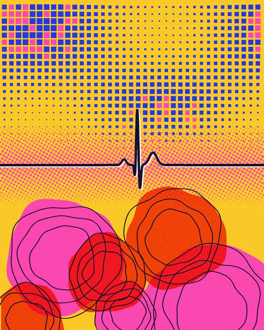 Grafik: oben ein präzises Datenraster, unten organische Kreise, dazwischen eine Pulslinie – Maschine und Mensch