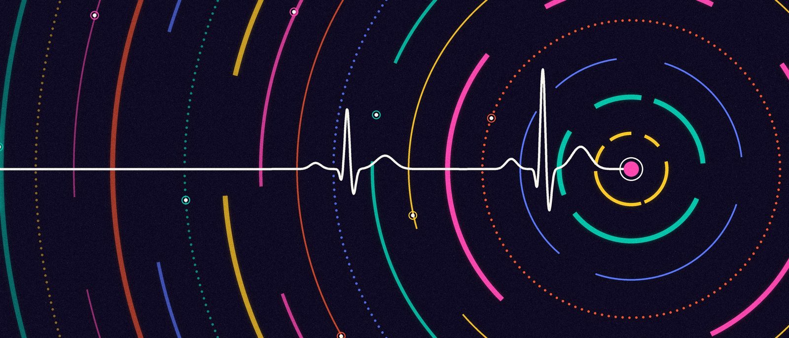 Grafik: farbige Signalringe, die sich von einem Punkt aus in die Welt ausbreiten, durchzogen von einer Pulslinie
